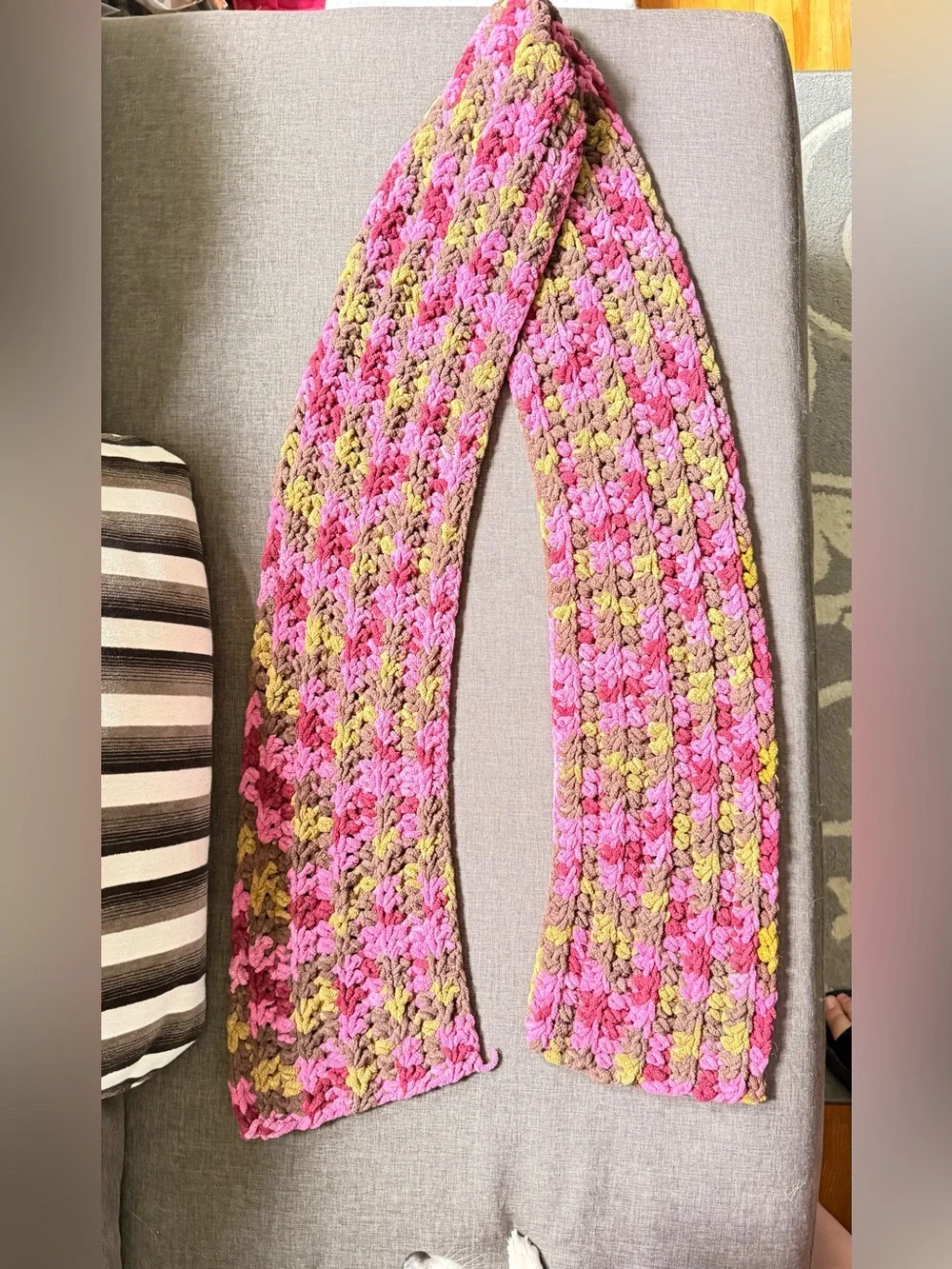 Handcrafted Pink & Brown Crochet Scarf with Camo green accents New
